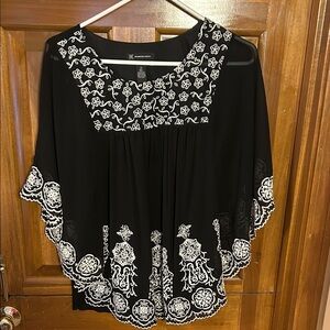 INC International Concepts Black Blouse with White Embroidery